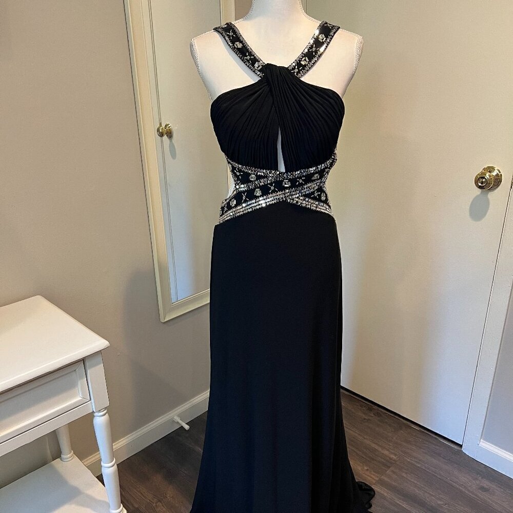 Betsy & Adam Black Sequined Front cross Cut Out Gown, Size 10